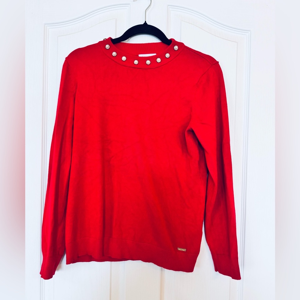 Calvin Klein Red Sweater with Pearl Embellished Collar Size Medium